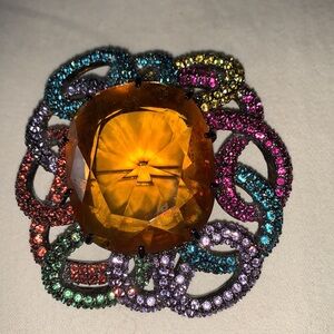 Rare Joan Rivers Pave’ Multicolored Crystal Swirls and Large Amber Center Brooch